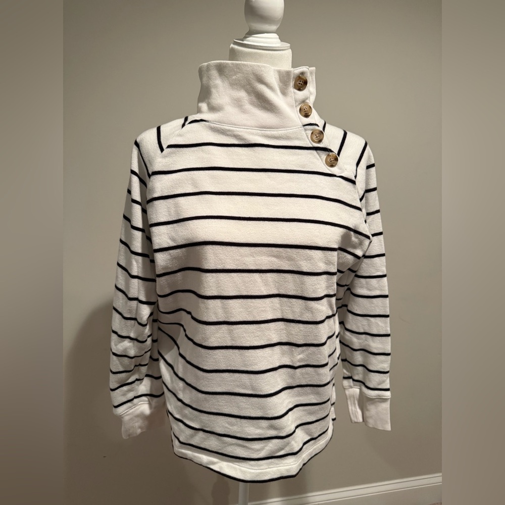 J. Crew women’s black & white striped pullover mock neck sweatshirt. Size med.